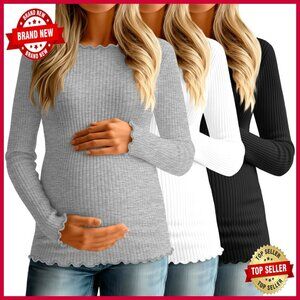 3 Pack Maternity Cotton Long Sleeve Tees Boat Neck Ribbed Shirts